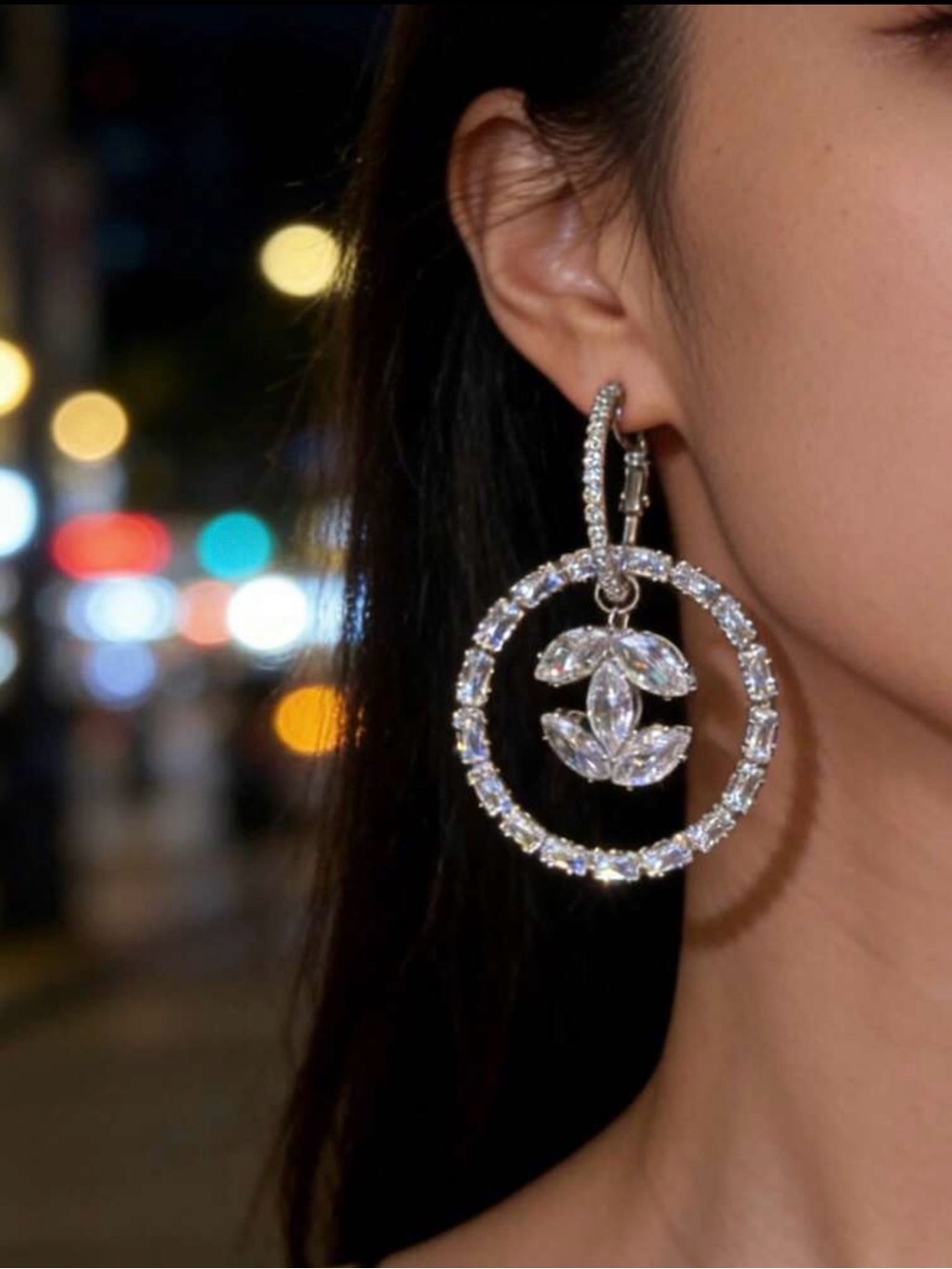 Sparkling Crystal Hoop Drop Earrings - Silver - Picture 3 of 3